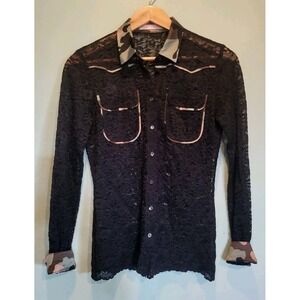 Max Volmary Black Sheer Lace Camo Trim Button Up Grunge Shirt Sz S/M